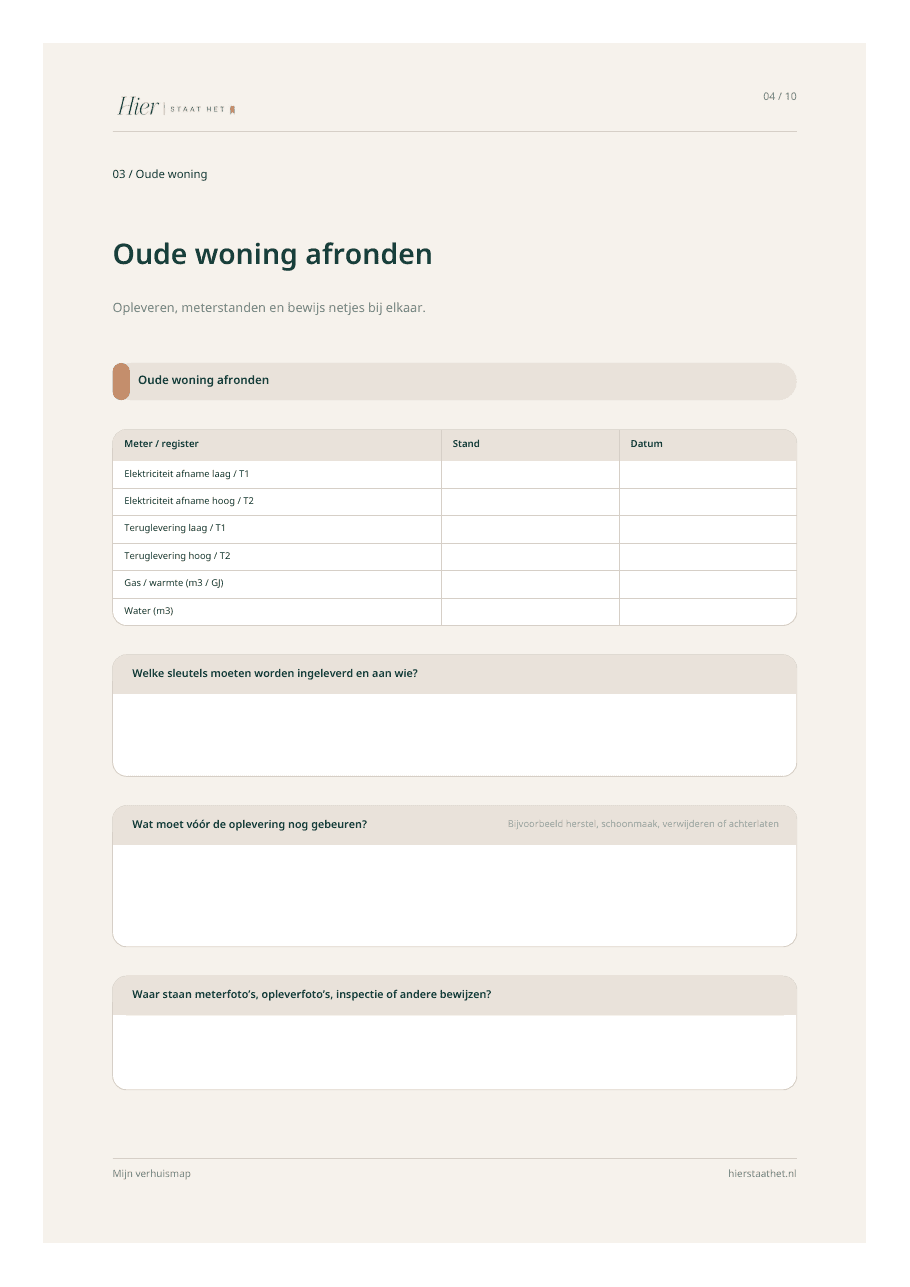 Voorbeeldpagina Oude woning afronden uit Mijn verhuismap