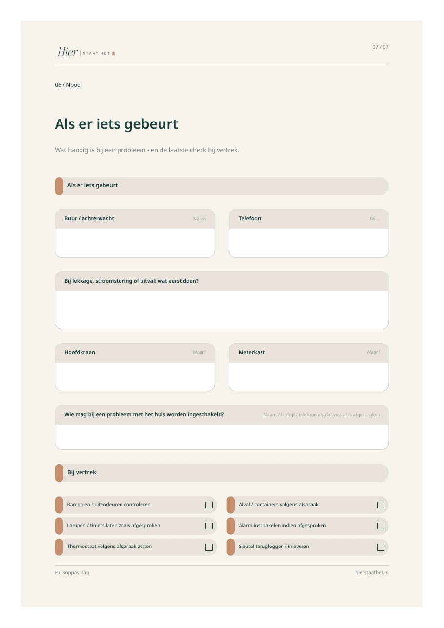Voorbeeldpagina Als er iets gebeurt uit de Huisoppasmap